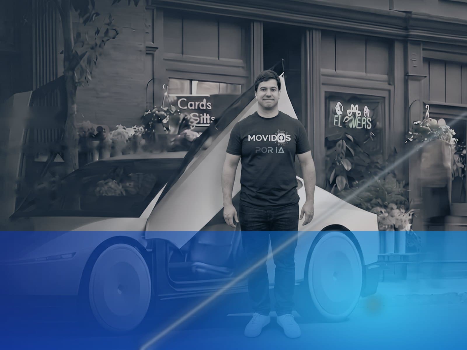 Luis Colaferro em frente a um Tesla Cybercab com a porta aberta